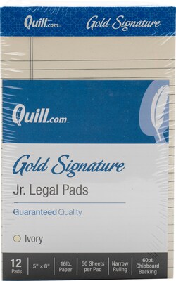 Quill Brand® Gold Signature Premium Series Legal Pad, 5x 8, Legal Ruled, Ivory, 50 Sheets/Pad, 12 Pads/Pack (742262)