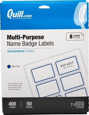 Quill Brand Self Adhesive Name Badges, 2-1/3 x 3-3/8, White/Blue, 8 Labels/Sheet, 50 Sheets/Pack (