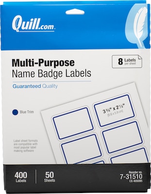 Quill Brand Self Adhesive Name Badges, 2-1/3 x 3-3/8, White/Blue, 400 Labels/Pack (Compare to Aver