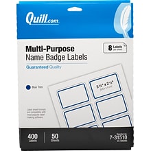 Quill Brand Self Adhesive Name Badges, 2-1/3 x 3-3/8, White/Blue, 8 Labels/Sheet, 50 Sheets/Pack (