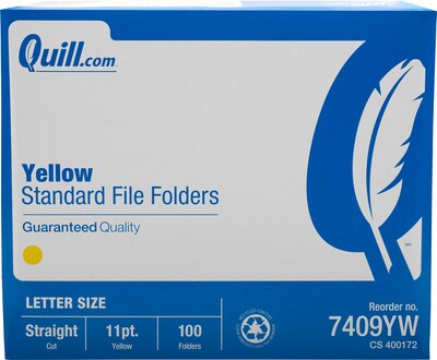 Quill Brand® File Folders, Straight-Cut, Letter Size, Yellow, 100/Box (7409YW)
