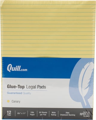 Quill Brand® Glue-Top Legal Pad, 8-1/2" x 11",  Wide Ruled, Canary Yellow, 50 Sheets/Pad, 12 Pads/Pack (RP811C)