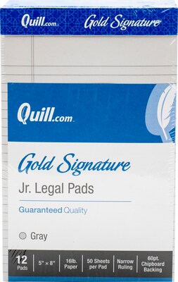 Quill Brand® Gold Signature Premium Series Legal Pad, 5 x 8, Legal Ruled, Gray, 50 Sheets/Pad, 12 Pads/Pack (742286)