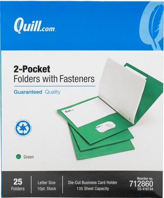 Quill Brand® 2-Pocket Folders With Fasteners Green, 25/Box (712860)