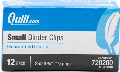 Quill Brand® Small 3/4 Wide Binder Clips, 3/8 Capacity, Black 12/Box (720200-QCC)