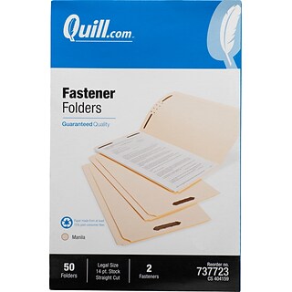 Quill Brand® Heavy-Duty Reinforced Straight Cut 2-Fastener File Folders, Legal, Manila, 50/Box (7375