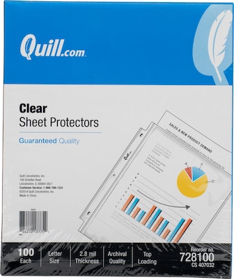 Quill Brand® Standard weight Sheet Protectors, 8-1/2 x 11, Clear, 100/Box  (728100)