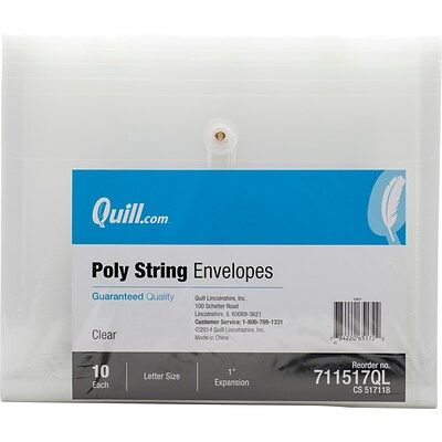 Quill Brand® String and Button Transparent Envelopes, Letter Size, Clear, 10/Pack (711517QL)