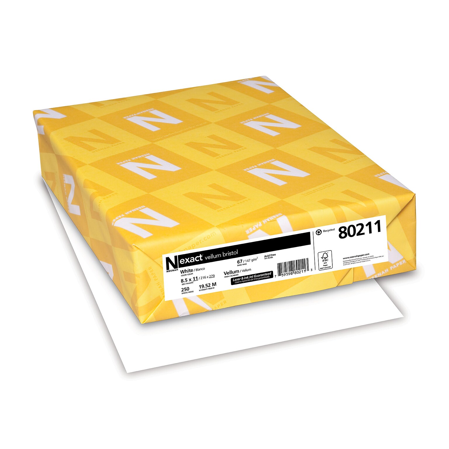 Neenah Exact Vellum Bristol Cardstock, 8.5 x 11, 67 lb., White, 250 Sheets/Ream (80211)