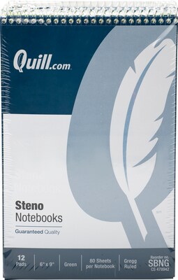 Quill Brand® Steno Pads, 6 x 9, Gregg Ruled, Green, 80 Sheets/Pad, 12 Pads/Pack (SBNG)
