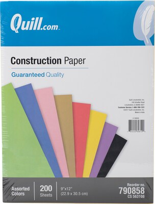 Quill Brand® 9 x 12 Construction Paper, Assorted, 200 Sheets/Pack (790858)