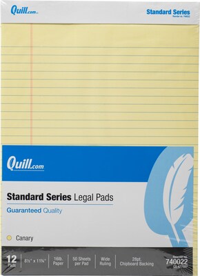 Quill Brand® Standard Series Legal Pad, 8-1/2 x 11, Wide Ruled, Canary Yellow, 50 Sheets/Pad, 12 P