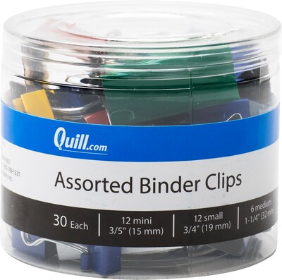Quill Brand® Mini/Small/Medium Binder Clips, Assorted Colors, 30 Clips/Tub (11509-CC)