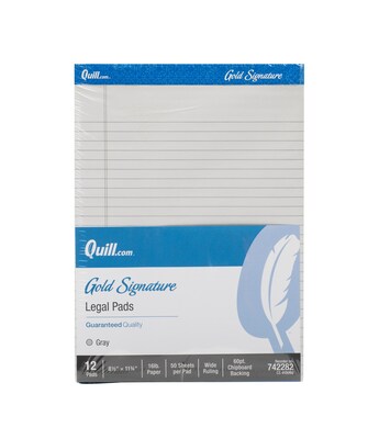 Quill Brand® Gold Signature Premium Series Legal Pad, 8-1/2 x 11, Wide Ruled, Gray, 50 Sheets/Pad, 12 pads/Pack (742282)