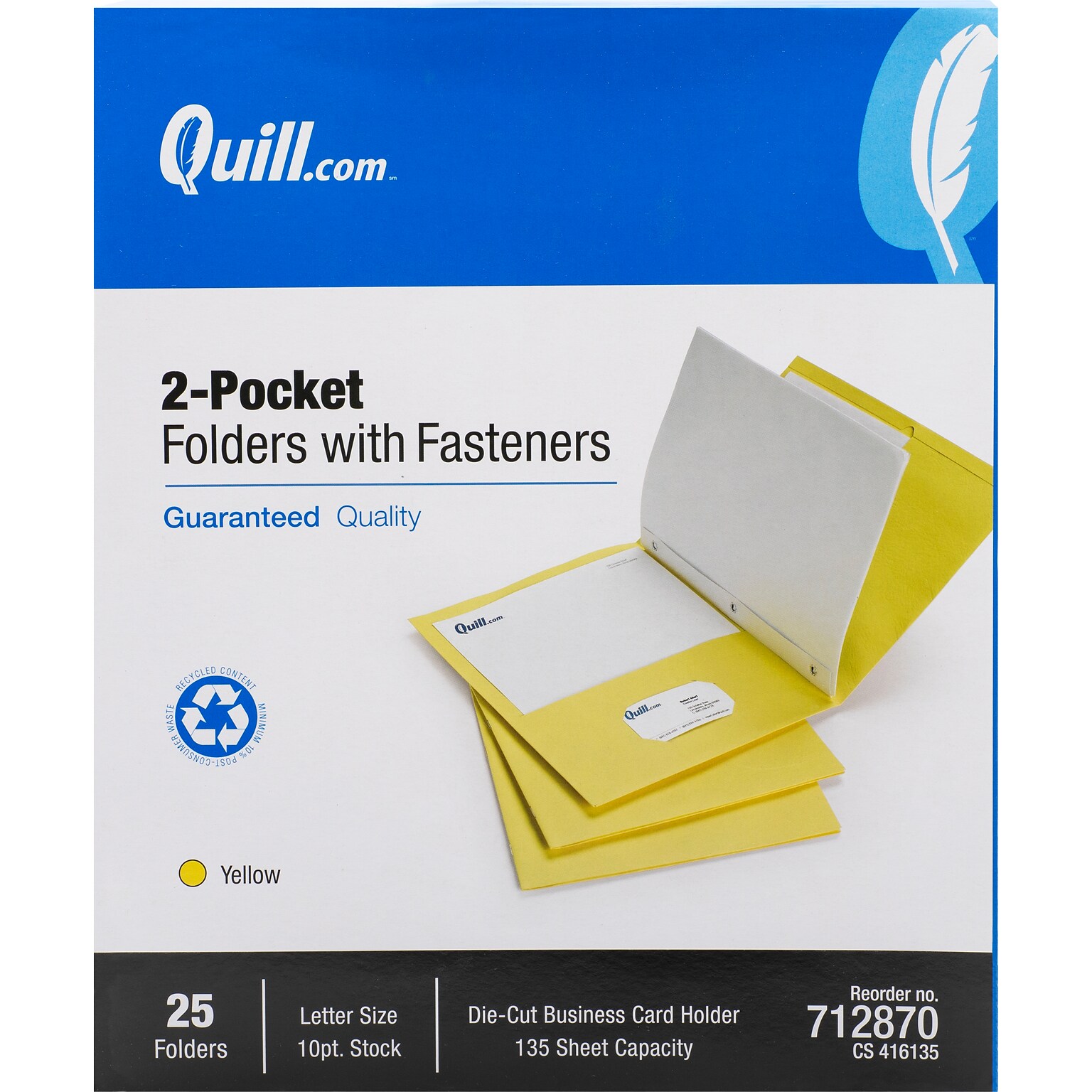 Quill Brand® 2-Pocket Folders With Fasteners Yellow, 25/Box (712870)