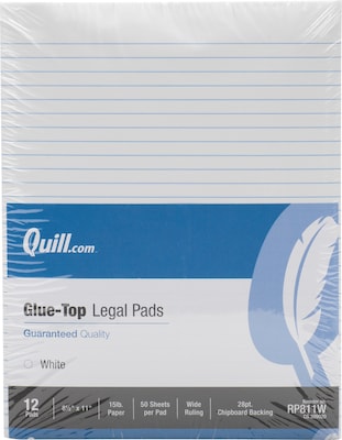 Quill Brand Glue-Top Legal Pad, 8-1/2 x 11, Wide Ruled, White, 50 Sheets/Pad, 12 Pads/Pack (RP811W)