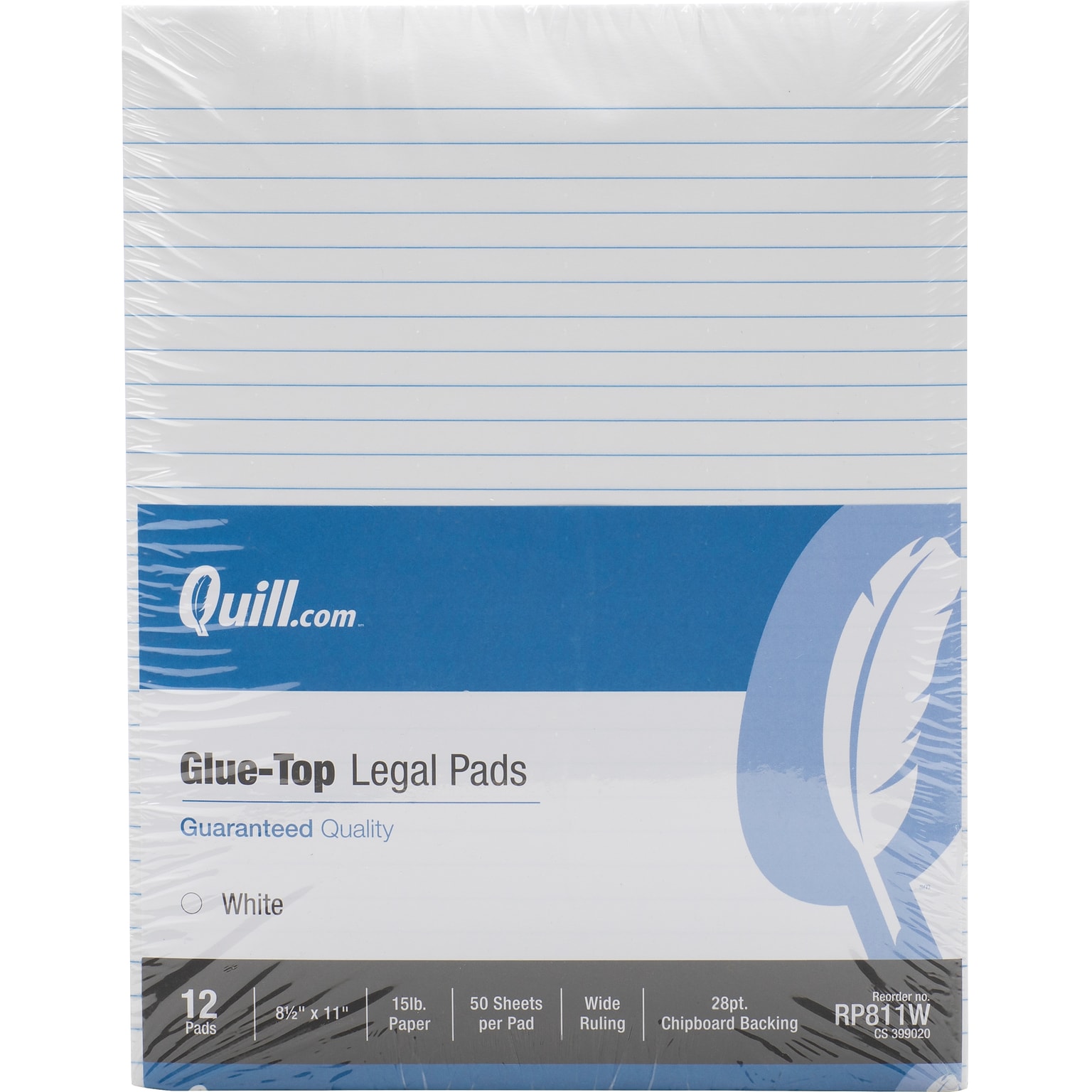 Quill Brand® Glue-Top Legal Pad, 8-1/2 x 11,  Wide Ruled, White, 50 Sheets/Pad, 12 Pads/Pack (RP811W)
