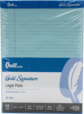 Quill Brand® Gold Signature Premium Series Legal Pad, 8-1/2 x 11, Wide Ruled, Blue, 50 Sheets/Pad, 12 Pads/Pack