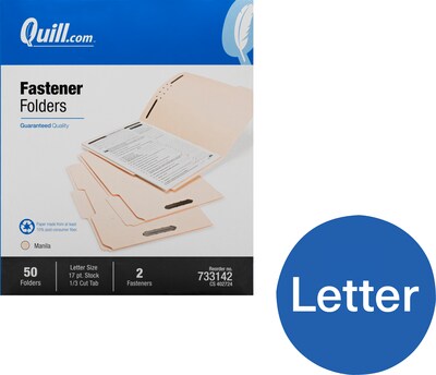 Quill Brand®  Heavy-Duty Reinforced 1/3-Cut Assorted 2-Fastener File Folders, Letter, Manila, 50/Box (733142)