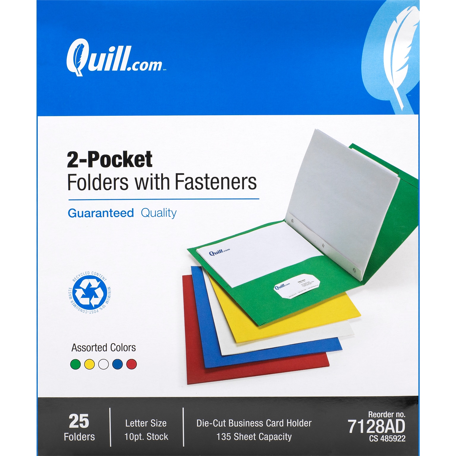 Quill Brand® 2-Pocket Folders With Fasteners, Assorted, 25/Box (7128AD)