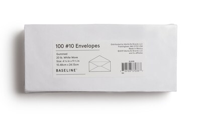 Baseline Gummed #10 Business Envelopes, White, 100/Pack