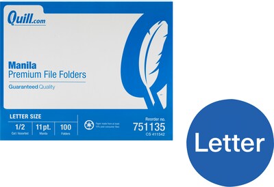 Quill Brand® Premium Reinforced File Folders, Assorted Tabs, 1/2-Cut, Letter Size, Manila, 100/Box (751135)