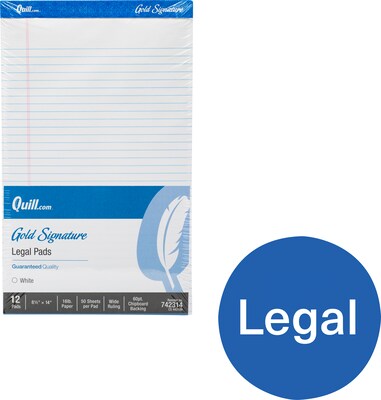 Quill Brand® Gold Signature Premium Series Legal Pad, 8-1/2 x 14, Wide Ruled, White, 50 Sheets/Pad, 12 Pads/Pack (742314)