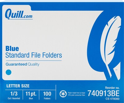 Quill Brand® File Folders, Assorted Tabs, 1/3-Cut, Letter Size, Blue, 100/Box (740913BE)