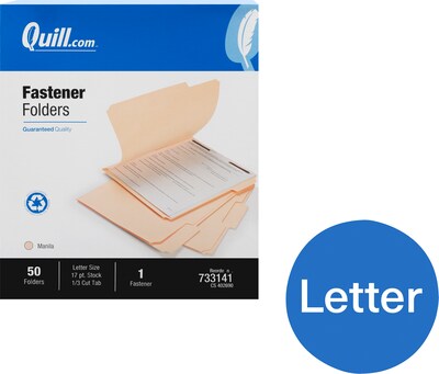 Quill Brand®  Heavy Duty 1/3-Cut 1-Fastener Folders, Letter, Manila, 50/Box (733141)