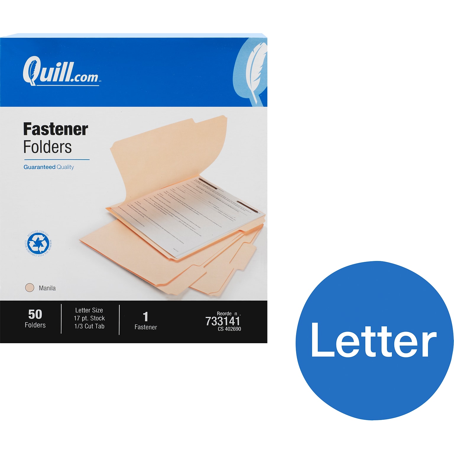 Quill Brand®  Heavy Duty 1/3-Cut 1-Fastener Folders, Letter, Manila, 50/Box (733141)