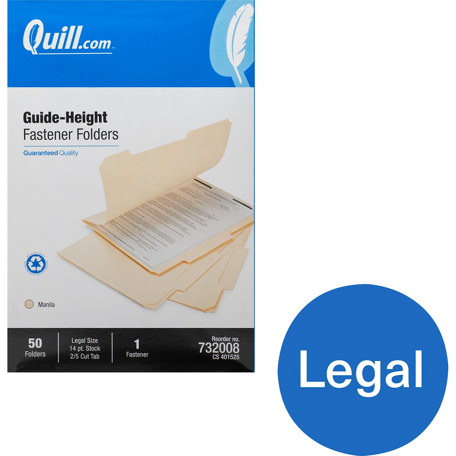 Quill Brand® StraightCut 1Fastener Legal Size Folders, Manila, 50/Box