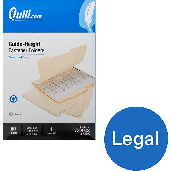 Quill Brand® Straight-Cut 1-Fastener Legal Size Folders, Manila, 50/Box (732008)