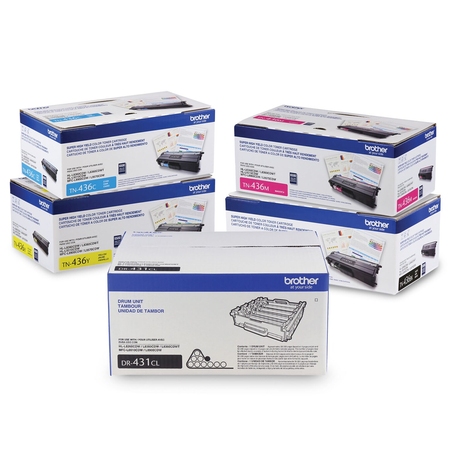 Brother TN436 Black/Cyan/Magenta/Yellow Super High Yield Toner and DR431CL Drum, 5-Pack