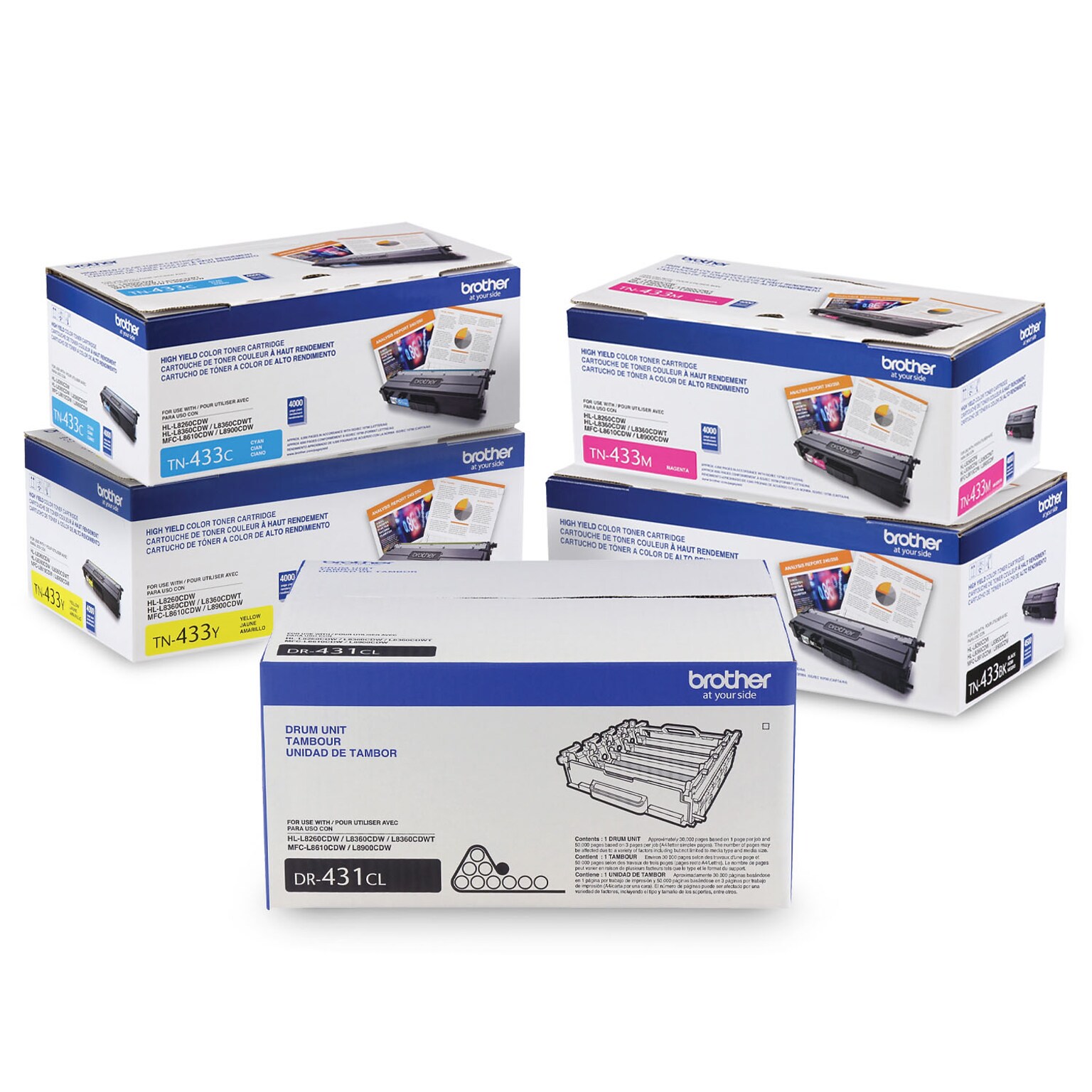 Brother TN433 Black/Cyan/Magenta/Yellow High Yield Toner and DR431CL Drum, 5-Pack