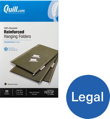 Quill Brand® Premium Reinforced 100% Recycled Hanging File Folders; 1/5-Cut Tabs, Legal Size, Green, 25/Box (76315P)