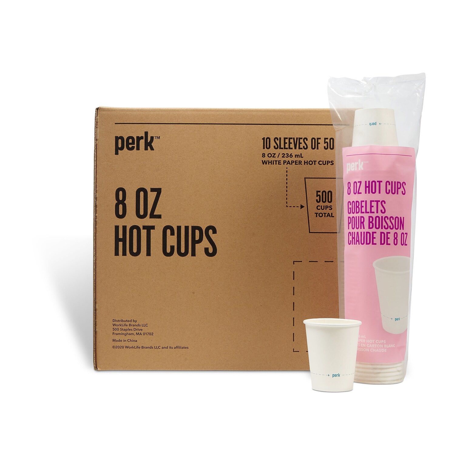 Perk™ Paper Hot Cups, 8 oz., White, 50/Sleeve, 10 Sleeves/Carton (PK59142CT)