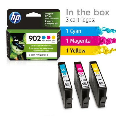 HP 902 Cyan/Magenta/Yellow Standard Yield Ink Cartridge, 3/Pack (T0A38AN#140), print up to 315 pages