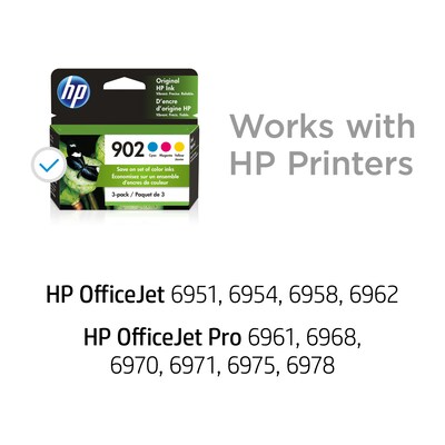 HP 902 Cyan/Magenta/Yellow Standard Yield Ink Cartridge, 3/Pack (T0A38AN#140), print up to 315 pages
