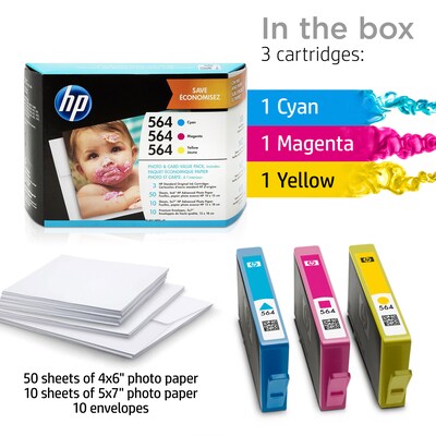HP 564 Cyan/Magenta/Yellow Standard Yield Ink Cartridge, 3/Pack (J2X80AN#140)