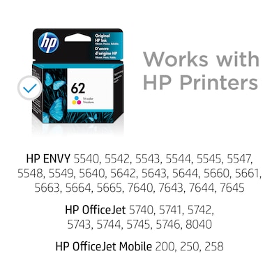 HP 62 Tri-Color Standard Yield Ink Cartridge (C2P06AN#140), print up to 165 pages