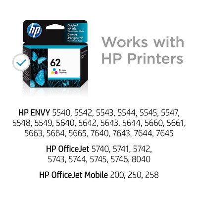 HP 62 Tri-Color Standard Yield Ink Cartridge (C2P06AN#140), print up to 165 pages