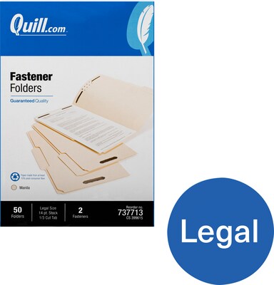 Quill Brand Heavy-Duty Reinforced Assorted Tabs 2-Fastener Folders, Legal, Manila, 50/Box (737713)