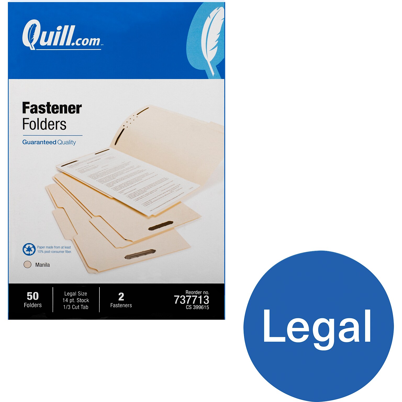 Quill Brand® Heavy-Duty Reinforced Assorted Tabs  2-Fastener Folders, Legal, Manila, 50/Box (737713)