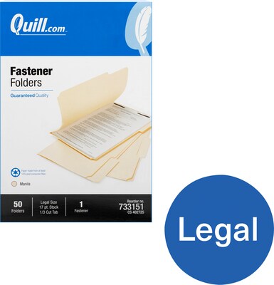 Quill Brand®  Heavy-Duty Reinforced 1/3-Cut Assorted 1-Fastener File Folders, Legal, Manila, 50/Box (733151)