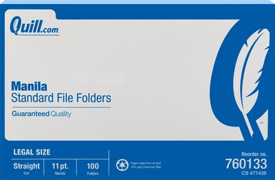 Quill Brand® File Folders, Straight Cut, Legal Size, Manila, 100/Box (760133)