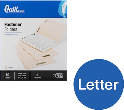 Quill Brand® Heavy-Duty Reinforced Assorted Tabs  2-Fastener Folders, Letter, Manila, 50/Box (737513)