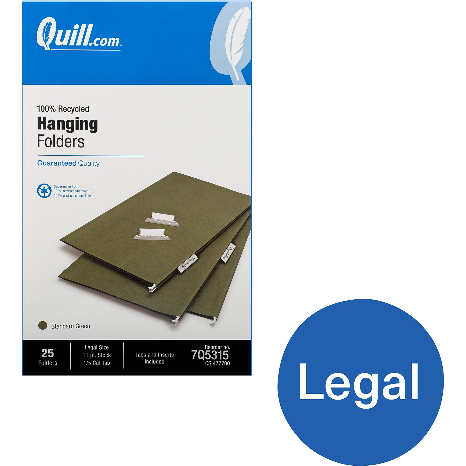 Quill Brand® 100% Recycled 5-Tab Hanging File Folders, Legal Size, Green, 25/Box (7Q5315)