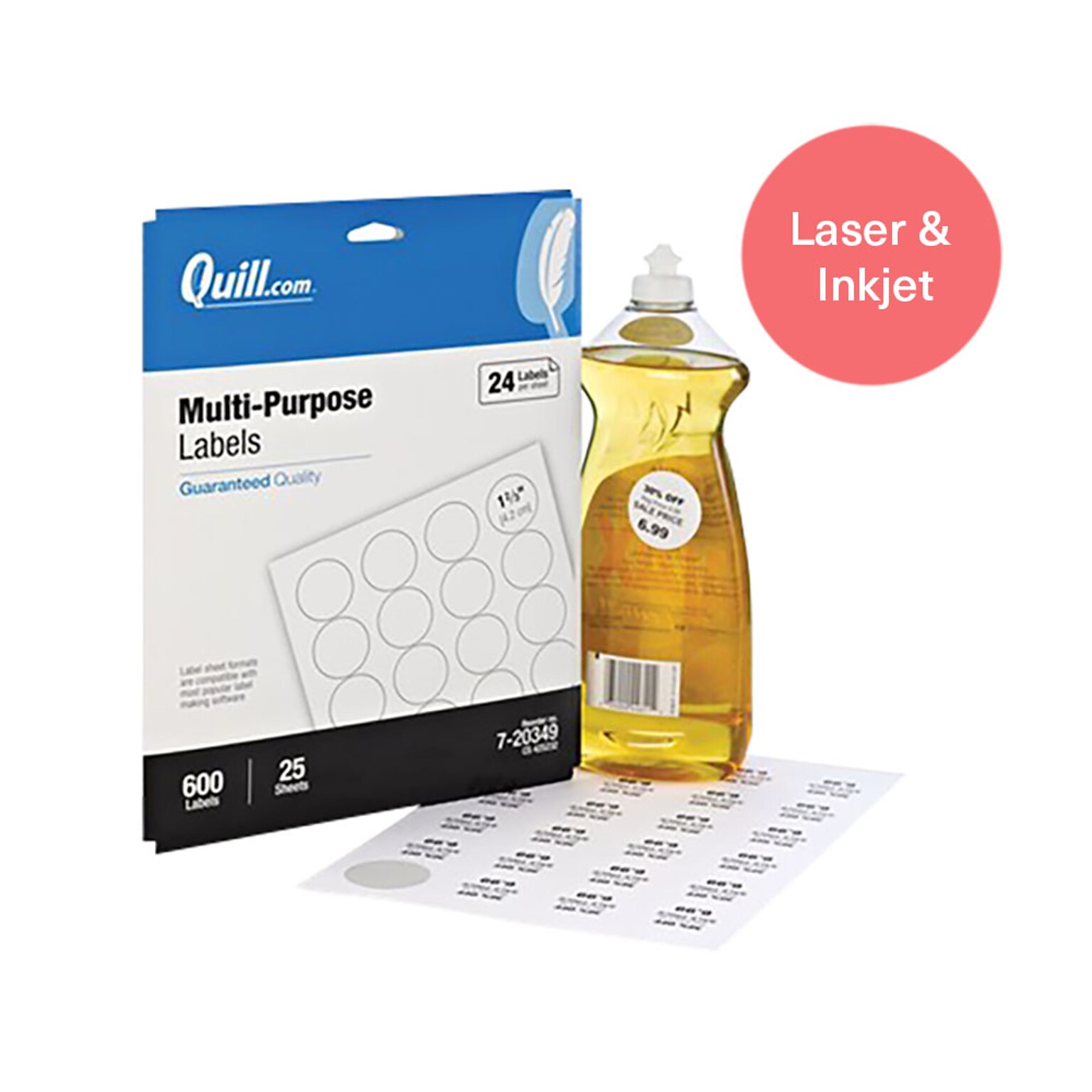 Quill Brand® Laser/Inkjet Labels, 1-2/3 Round, White, 600 Labels (Comparable to Avery 5293)