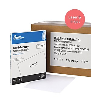 Quill Brand® Laser/Inkjet Shipping Labels, 8-1/2 x 11, White, 1 Label/Sheet, 100 Sheets/Box (72026