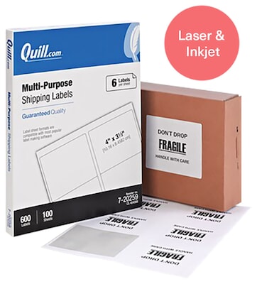 Quill Brand® Laser/Inkjet Shipping Labels, 3-1/3 x 4, White, 600 Labels (Comparable to Avery 5164)